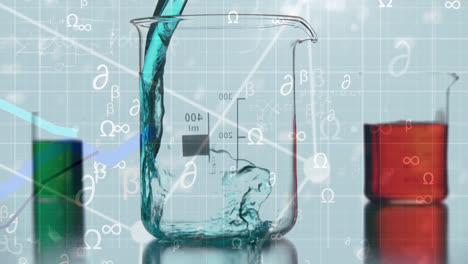 Animation-Von-Chemischen-Symbolen-über-Einer-Flüssigkeit,-Die-In-Ein-Laborglas-Gegossen-Wird