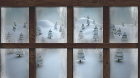 Animation-Einer-Weihnachtlichen-Winterlandschaft-Mit-Tannenbäumen,-Gesehen-Durch-Das-Fenster