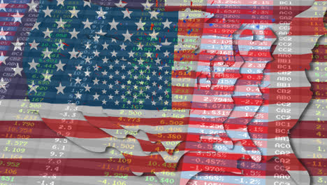 Animation-Der-Verarbeitung-Finanzieller-Daten-über-Flaggen-Der-Vereinigten-Staaten-Von-Amerika