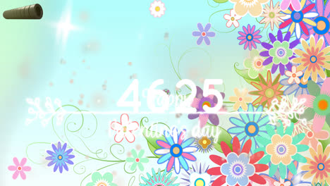 Animation-of-numbers-and-flowers-over-white-background