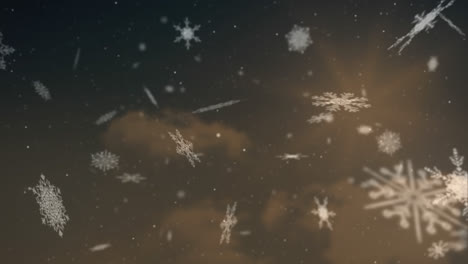 Animation-of-snow-falling-over-clouds-on-brown-background