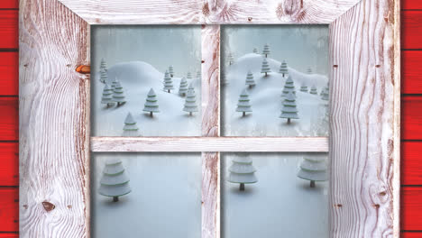 Animation-of-snow-falling-and-christmas-winter-scenery-seen-through-window