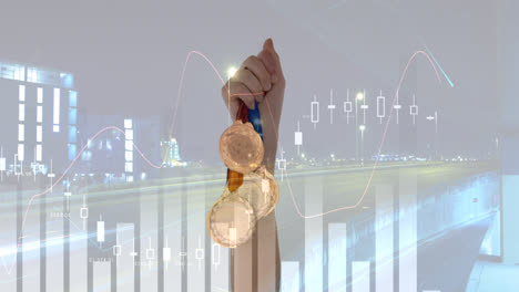 Animation-of-data-processing-over-cityscape-and-medals