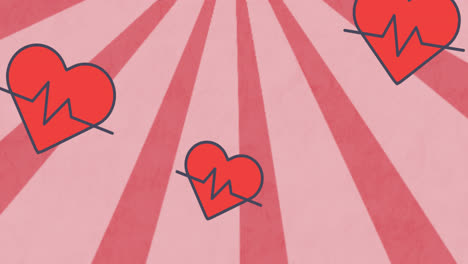Animation-Von-Herzsymbolen-Mit-Kardiogramm-über-Linien-Auf-Rotem-Hintergrund