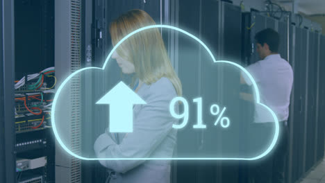 Animation-of-cloud-with-increasing-number-over-stressed-caucasian-woman-standing-at-servers