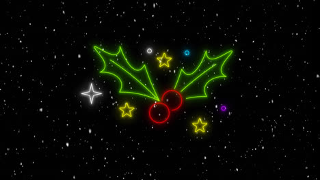 Animation-of-neon-mistletoe-over-snow-falling-on-black-background-at-christmas
