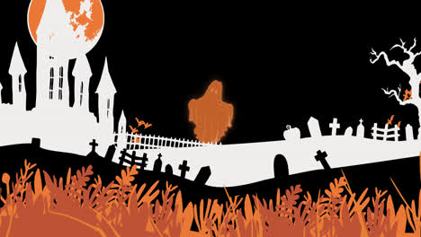 Animation-Von-Halloween-Friedhof,-Fledermäusen-Und-Geistern-Auf-Schwarzem-Hintergrund