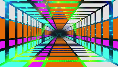 Animation-of-glowing-moving-kaleidoscopic-shapes-and-tunnel-over-black-background