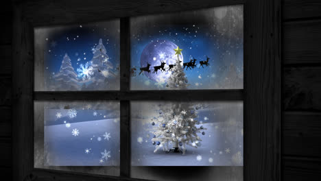 Animation-Von-Schnee-über-Dem-Weihnachtsmann-Im-Schlitten-Mit-Rentieren-In-Einer-Winterlandschaft,-Gesehen-Durch-Das-Fenster