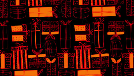 Animation-Eines-Orangefarbenen-Und-Roten-Weihnachtsgeschenkmusters-Im-Hintergrund