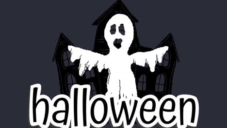 Animation-of-halloween-text-over-ghost-and-haunted-house-on-dark-background