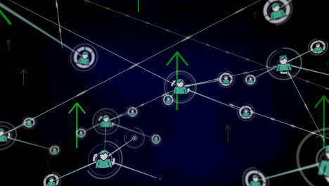 Animation-Eines-Verbindungsnetzwerks-Mit-Benutzersymbolen-über-Pfeilen-Auf-Schwarzem-Hintergrund