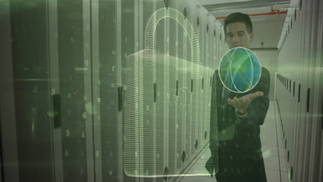 Animation-of-digital-padlock-and-caucasian-man-showing-open-hand-in-front-of-servers