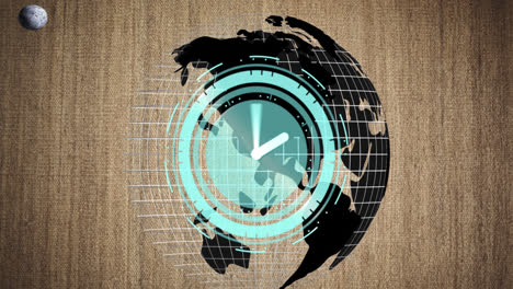 Animation-of-globe-and-clock-over-brown-background