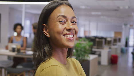 Portrait-of-happy-biracial-businesswoman-over-business-colleagues-in-office