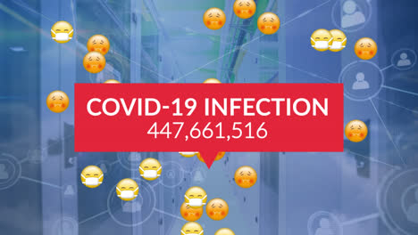 Animation-of-covid-19-infection-text-and-emoji-icons-over-server-room