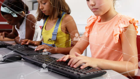 Animation-of-network-of-connections-over-happy-diverse-pupils-using-computers-at-school