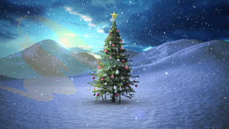 Animation-Von-Weihnachtsschnee,-Der-über-Den-Weihnachtsbaum-Im-Winterlandschaftshintergrund-Fällt