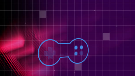 Videogame-controller-icon-over-grid-network-against-abstract-shapes-on-purple-background