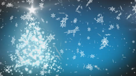 Animation-of-christmas-snowflakes-falling-over-christmas-tree-on-blue-background
