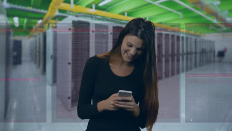 Animation-of-caucasian-woman-using-smartphone-over-computer-servers-and-data-processing