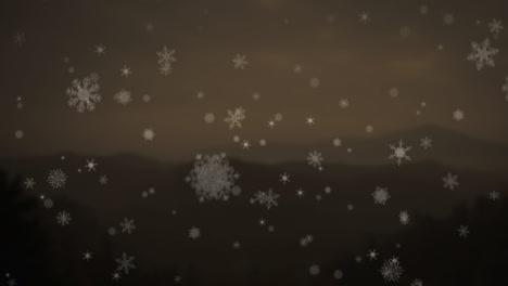 Animation-of-snow-falling-over-mountains-on-brown-background