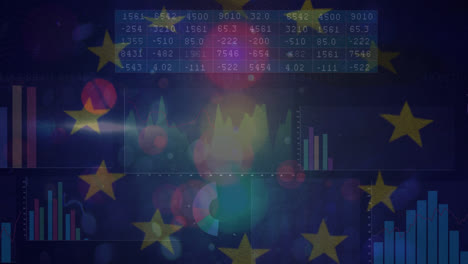 Animation-of-financial-data-processing-over-light-spots-and-flag-of-ue