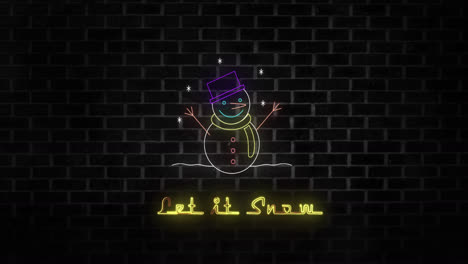 Animation-of-neon-let-it-snow-text-and-snowman-on-black-background