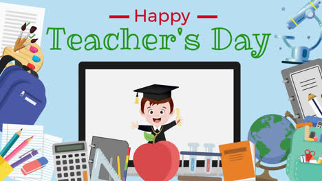 Animation-of-happy-teacher's-day-over-school-items-icons-on-blue-background
