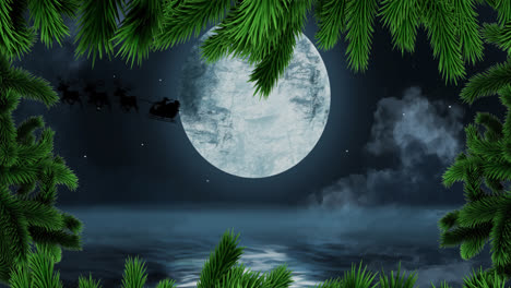 Animation-of-fir-trees-at-christmas-over-santa-in-sleigh