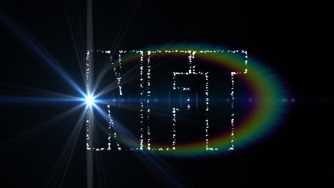 Digitale-Animation-Eines-NFT-Textbanners-Vor-Lichtflecken-Und-Regenbogenfackeln-Auf-Schwarzem-Hintergrund