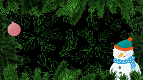 Animation-Von-Tannenbäumen-Und-Weihnachtsdekorationen-über-Blättern