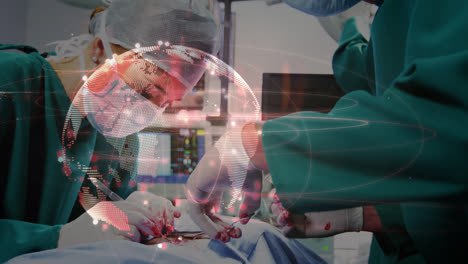 Animation-of-network-of-connections-and-globe-over-diverse-surgeons-during-surgery