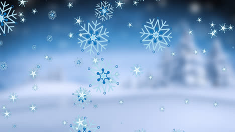 Animation-Von-Weihnachtlichen-Schneeflocken,-Die-In-Eine-Winterlandschaft-Fallen