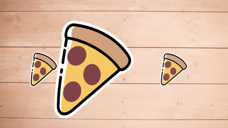 Animation-Von-Pizza-Symbolen,-Die-Sich-Auf-Holzhintergrund-Bewegen