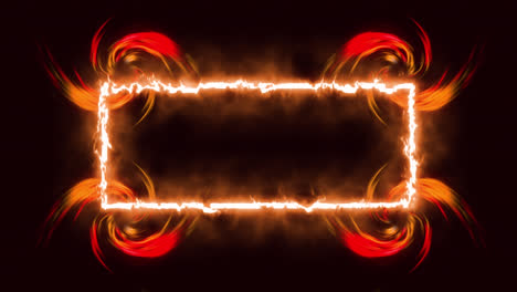 Animation-of-rotating-orange-and-red-shapes-over-burning-flame-on-black-background