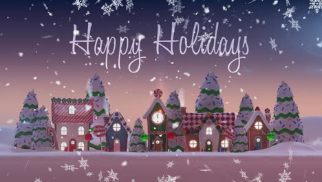 Animation-of-happy-holidays-text-and-snowflakes-falling-over-winter-scenery-in-background