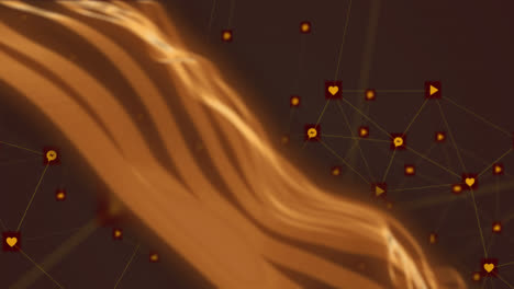Animation-of-orange-waves-and-connections-over-brown-background