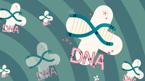Digital-animation-of-multiple-dna-text-and-structures-against-green-spiral-background