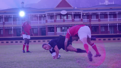 Animation-Von-Leuchtenden-Lichtern-über-Verschiedenen-Rugbyspielern-Auf-Einem-Rugbyfeld