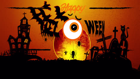 Animation-Von-Happy-Halloween,-Fledermäusen,-Friedhof-Und-Auge-Auf-Orangefarbenem-Hintergrund