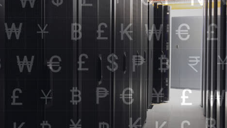 Animation-of-currency-symbols-over-server-room