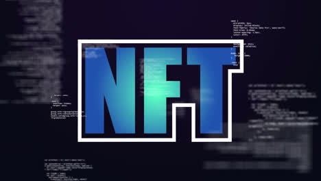 Digital-animation-of-nft-text-banner-against-data-processing-on-black-background