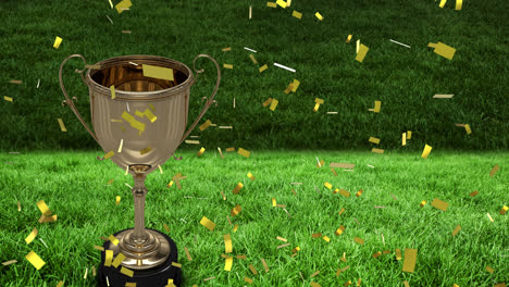 Animation-of-confetti-falling-over-gold-cup-in-sports-stadium