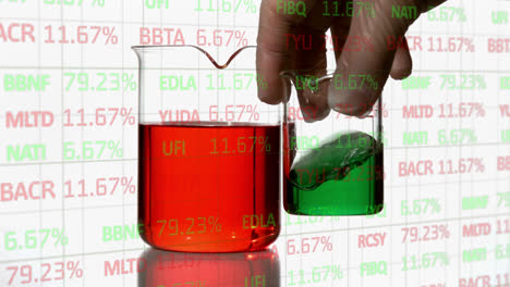 Animation-of-financial-data-processing-over-hand-of-lab-worker-mixing-liquid-in-glass
