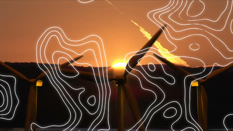 Animation-of-white-map-lines-over-wind-turbines-and-sunset