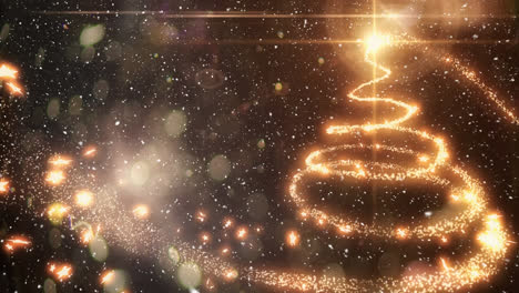 Animación-De-Nieve-Cayendo-Sobre-Un-árbol-De-Navidad-Formado-Con-Una-Estrella-Fugaz-En-El-Fondo.