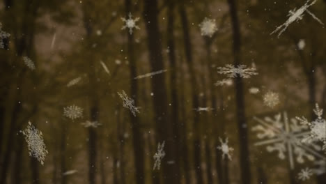 Animation-of-snow-falling-over-forest-on-brown-background