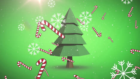 Animation-of-snow-and-candy-canes-falling-over-christmas-tree-on-green-background