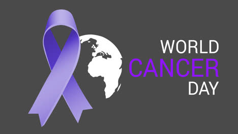 Animation-of-world-cancer-day-text-and-blue-ribbon-with-globe-on-gray-background
